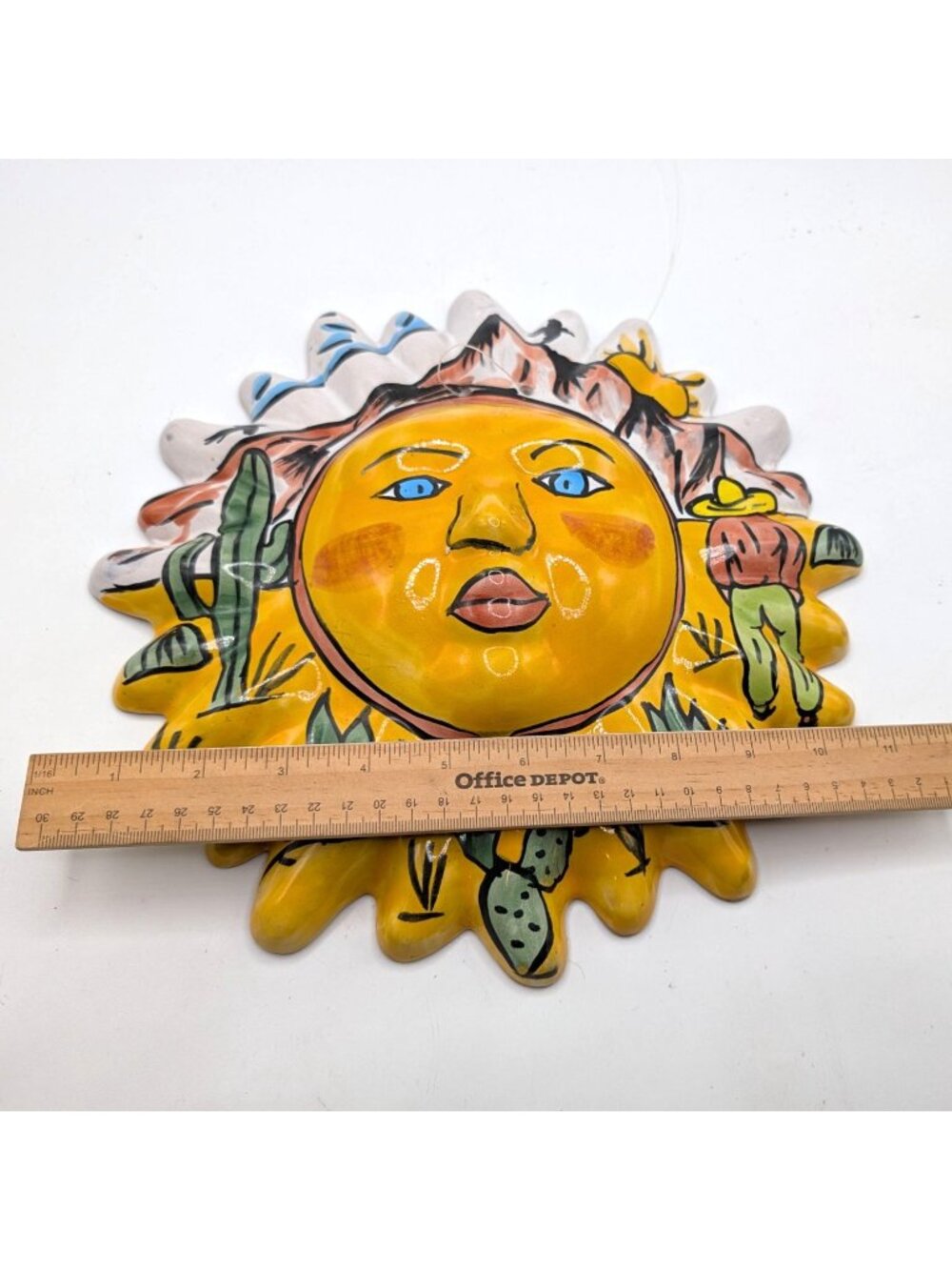 Mexican Talavera Ceramic Sun Face Wall Art Hand-Painted Southwest Design 12-Inch - Picture 3 of 5